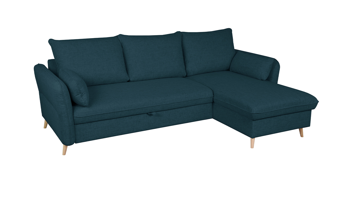 Schlaf-Ecksofa mit Stauraum 3/4-Sitzer ozeanblauer Stoff und helles Holz DRISS