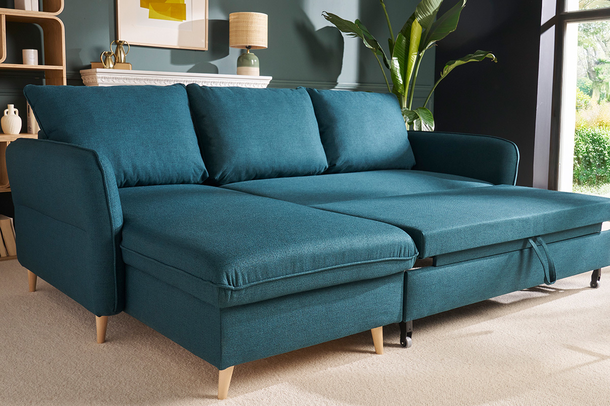 Schlaf-Ecksofa mit Stauraum 3/4-Sitzer ozeanblauer Stoff und helles Holz DRISS