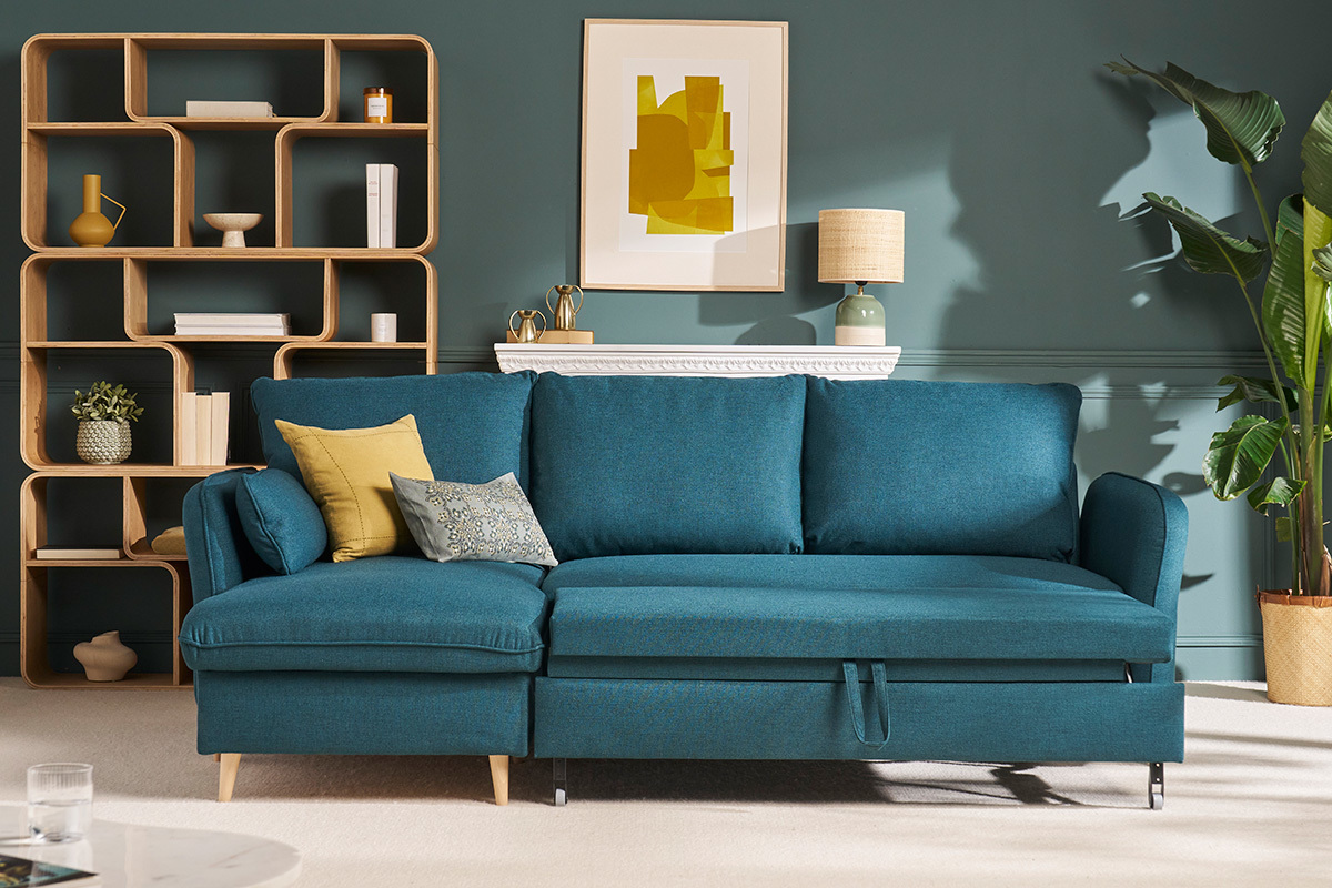Schlaf-Ecksofa mit Stauraum 3/4-Sitzer ozeanblauer Stoff und helles Holz DRISS