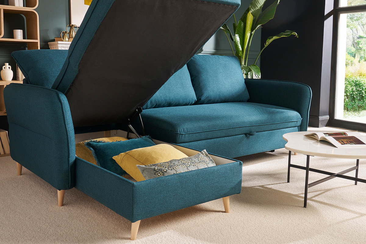 Schlaf-Ecksofa mit Stauraum 3/4-Sitzer ozeanblauer Stoff und helles Holz DRISS