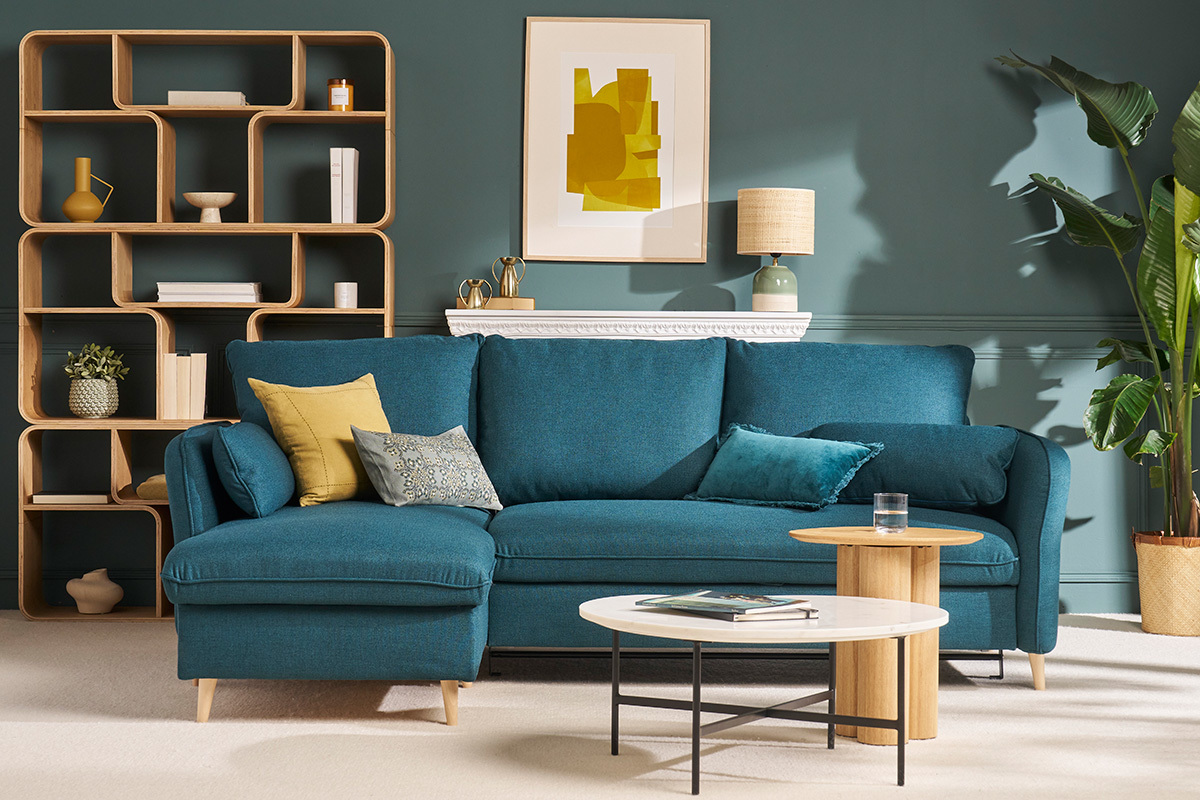 Schlaf-Ecksofa mit Stauraum 3/4-Sitzer ozeanblauer Stoff und helles Holz DRISS
