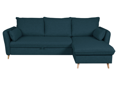 Schlaf-Ecksofa mit Stauraum 3/4-Sitzer ozeanblauer Stoff und helles Holz DRISS