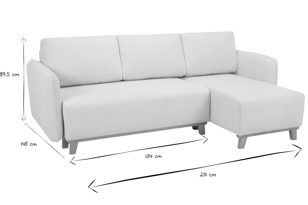 Schlaf-Ecksofa modulierbar beiger Stoff mit Velours-Effekt und helles Holz 3-4 Sitzer ROMANE