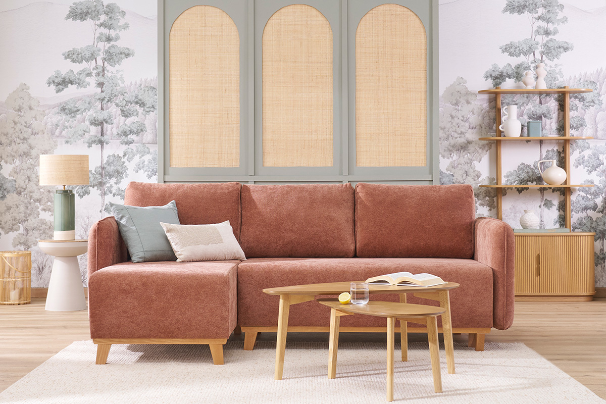 Schlaf-Ecksofa modulierbar terracottafarbener Stoff mit Velours-Effekt und helles Holz 3-4 Sitzer ROMANE