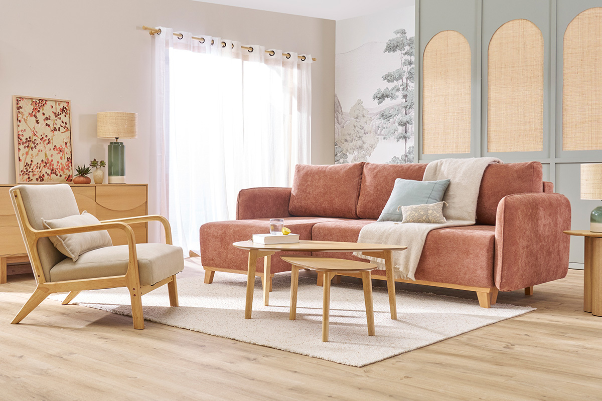 Schlaf-Ecksofa modulierbar terracottafarbener Stoff mit Velours-Effekt und helles Holz 3-4 Sitzer ROMANE