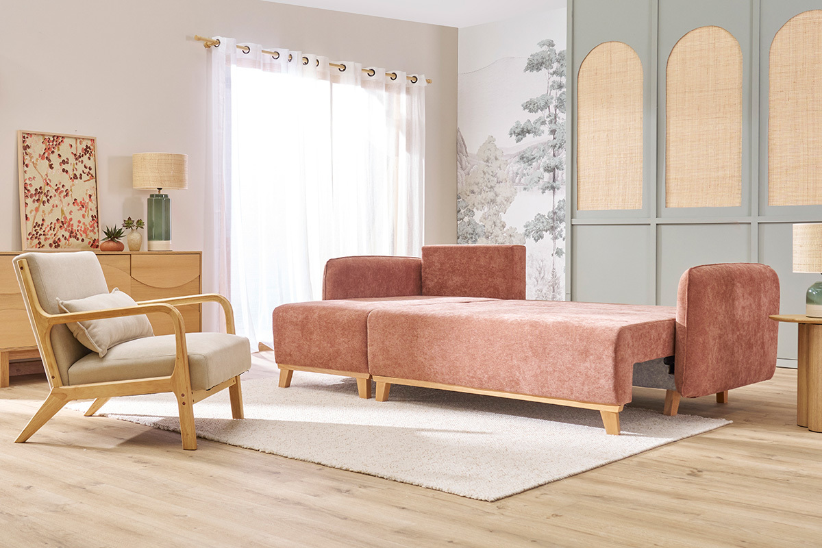 Schlaf-Ecksofa modulierbar terracottafarbener Stoff mit Velours-Effekt und helles Holz 3-4 Sitzer ROMANE