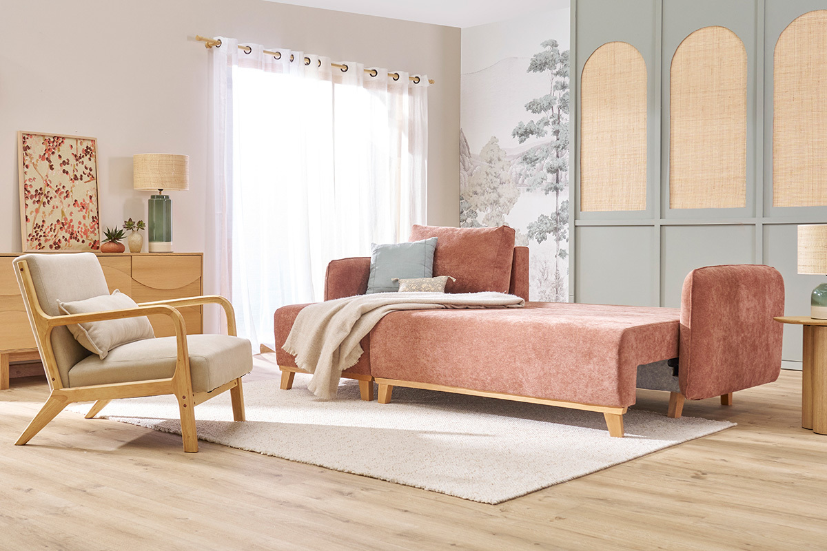 Schlaf-Ecksofa modulierbar terracottafarbener Stoff mit Velours-Effekt und helles Holz 3-4 Sitzer ROMANE