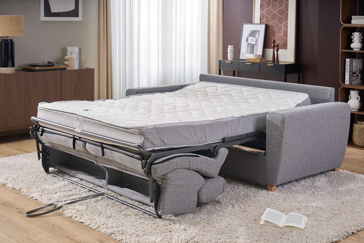 3-Sitzer-Schlafsofa GOYA, ge�ffnet mit 18 cm Matratze, aus grauem Stoff, Seitenansicht