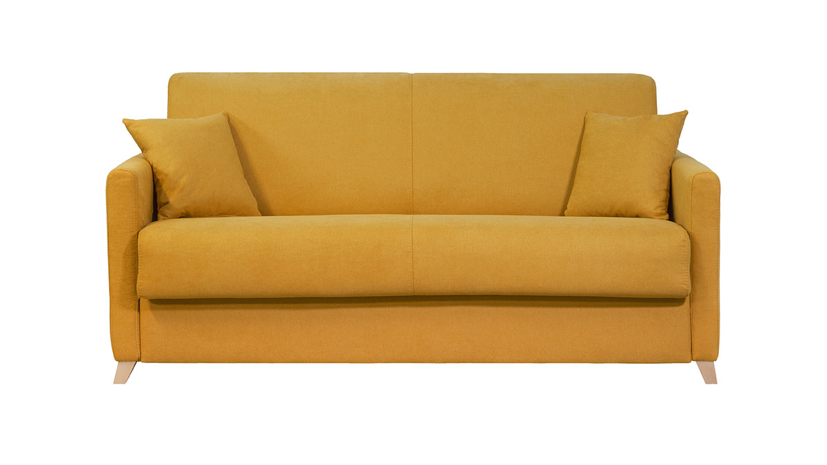 Schlafcouch senfgelb mit Samteffekt und 12 cm Matratze 3-Sitzer SKANDY