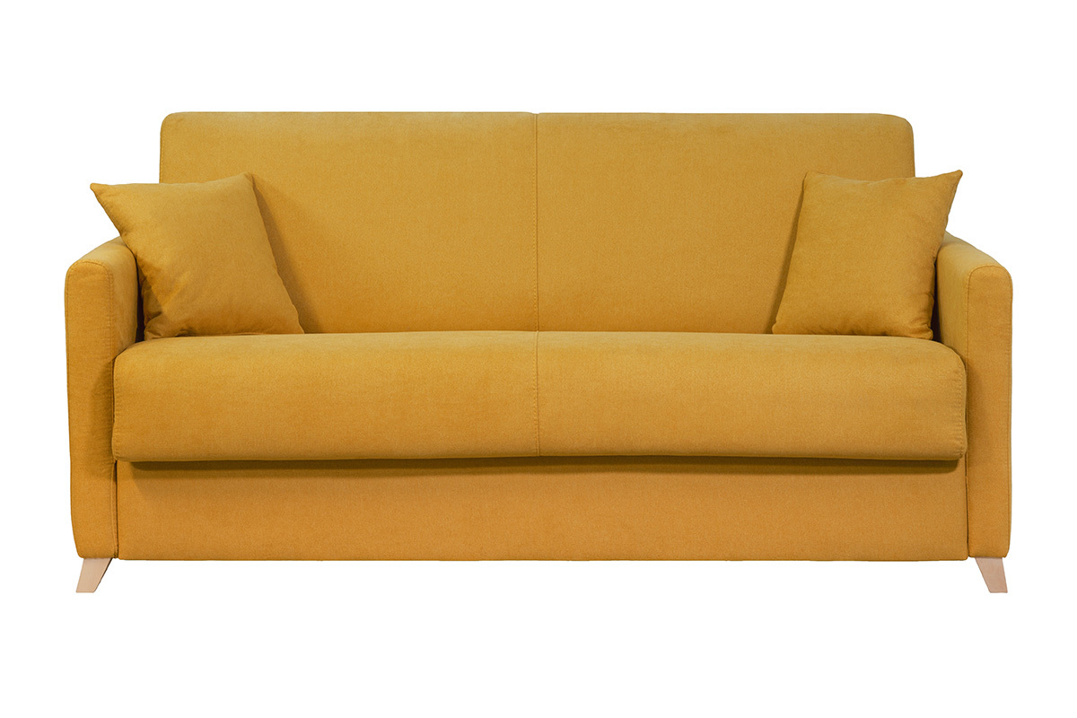 Schlafcouch senfgelb mit Samteffekt und 12 cm Matratze 3-Sitzer SKANDY