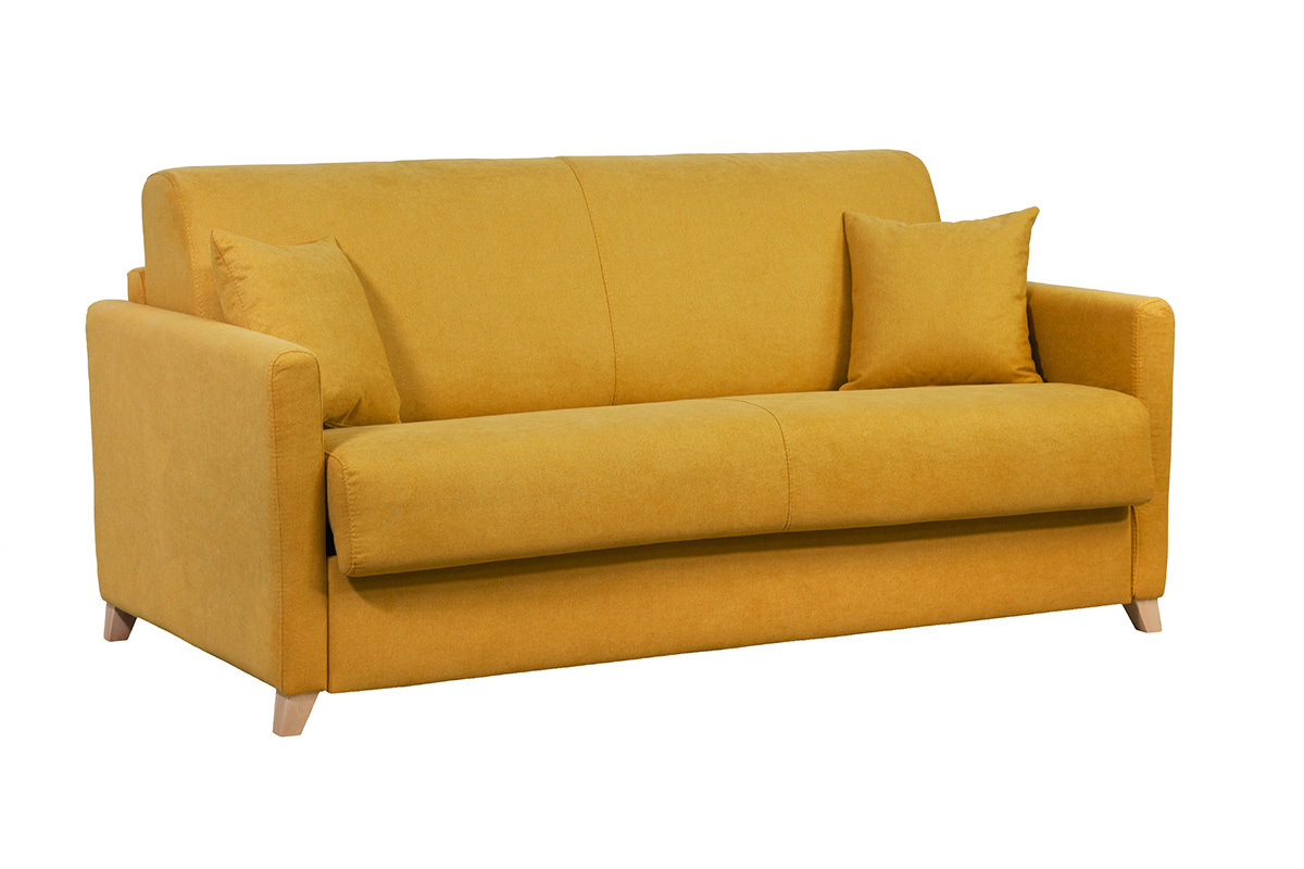 Schlafcouch senfgelb mit Samteffekt und 12 cm Matratze 3-Sitzer SKANDY