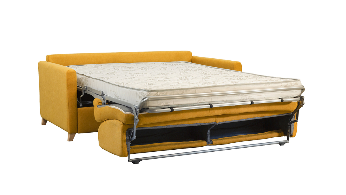 Schlafcouch senfgelb mit Samteffekt und 12 cm Matratze 3-Sitzer SKANDY