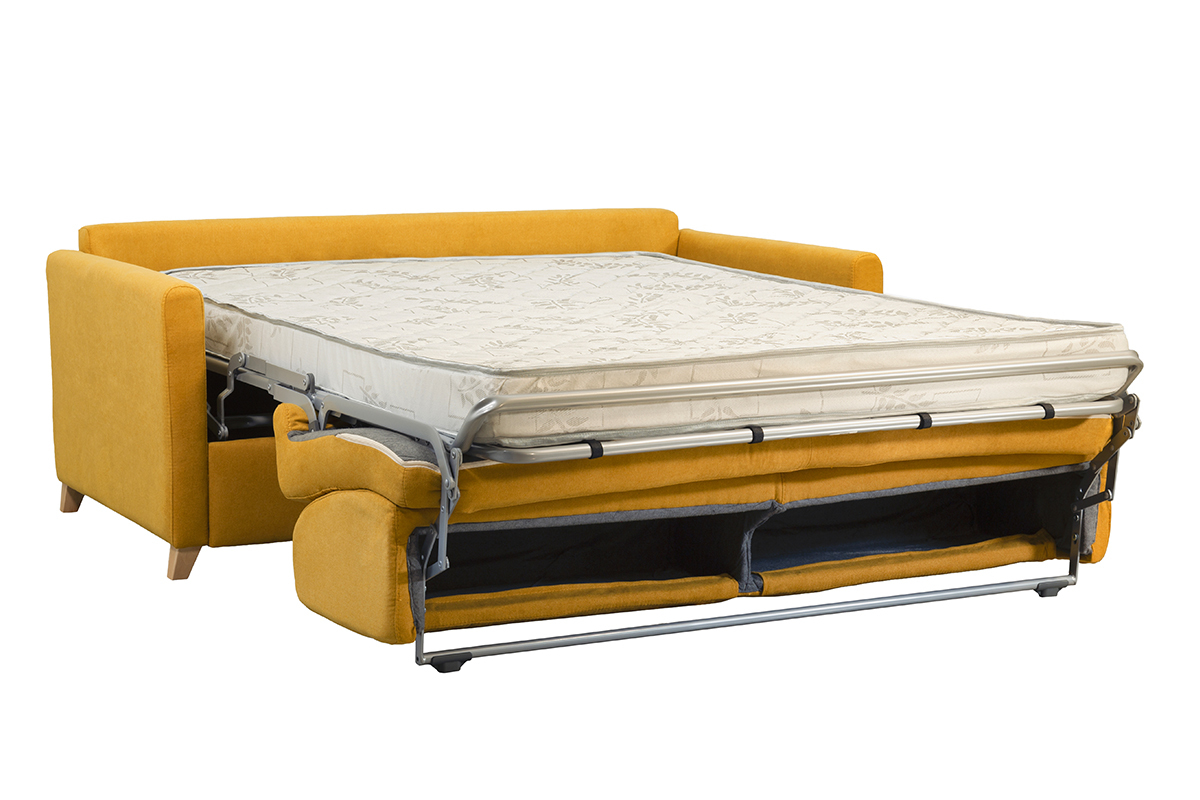 Schlafcouch senfgelb mit Samteffekt und 12 cm Matratze 3-Sitzer SKANDY