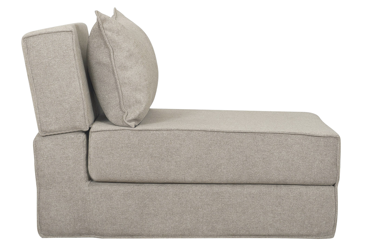 Seitansicht eines umwandelbaren Sessels in grauem Samtstoff.