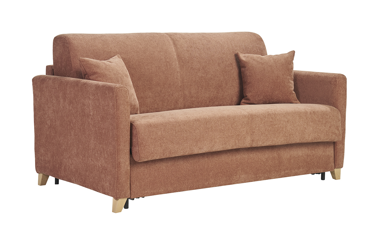 Schlafsofa in Samtstoffoptik in verbrannter Erdfarbe, Ansicht von 3/4.