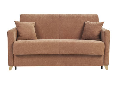 Schlafsofa 2-3 Sitzer in Samt-Effekt Stoff gebrannte Erde und helles Holz mit 13 cm Matratze SKANDY