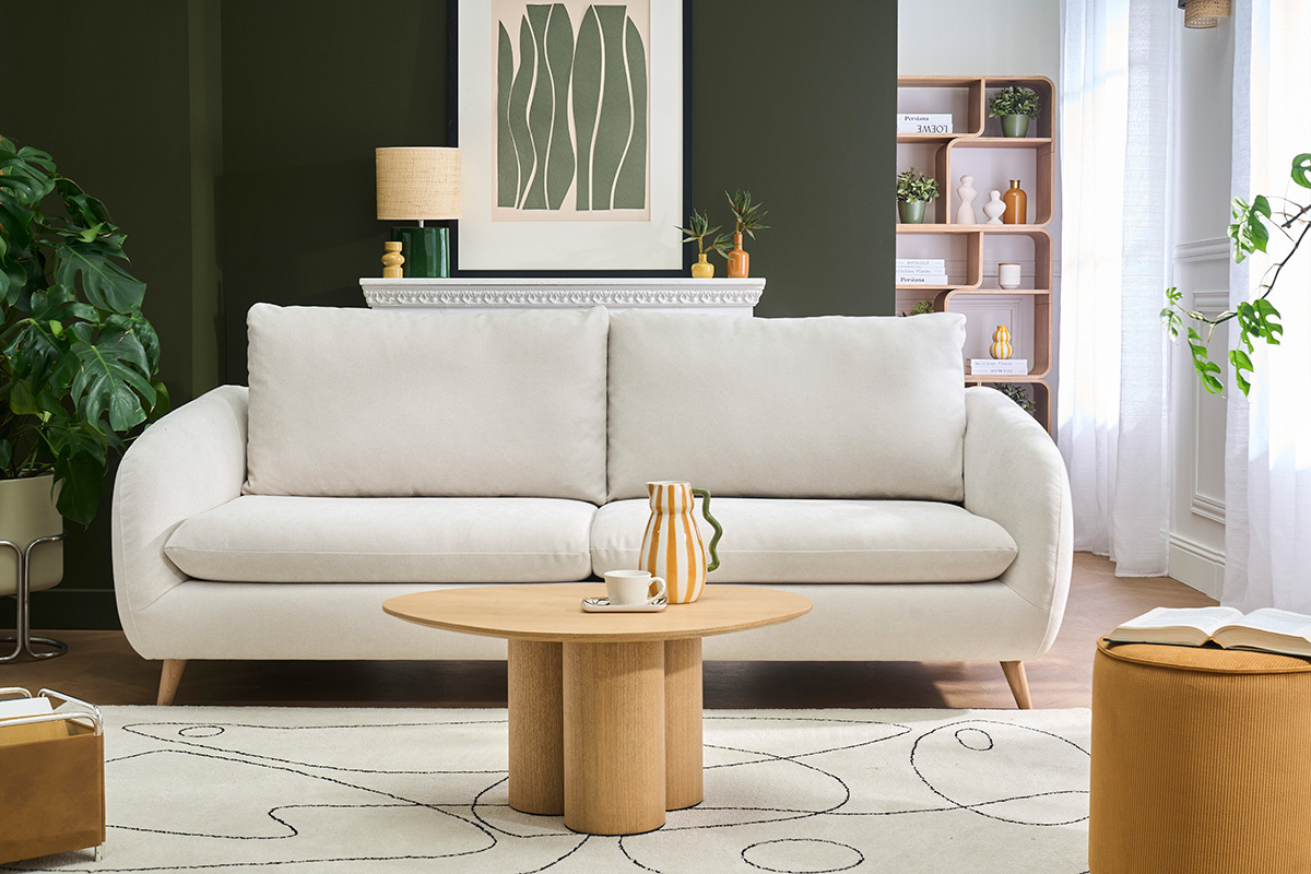Schlafsofa 3-4 Pl�tze in beige Samtoptik-Stoff mit 10 cm Matratze LEANDRE