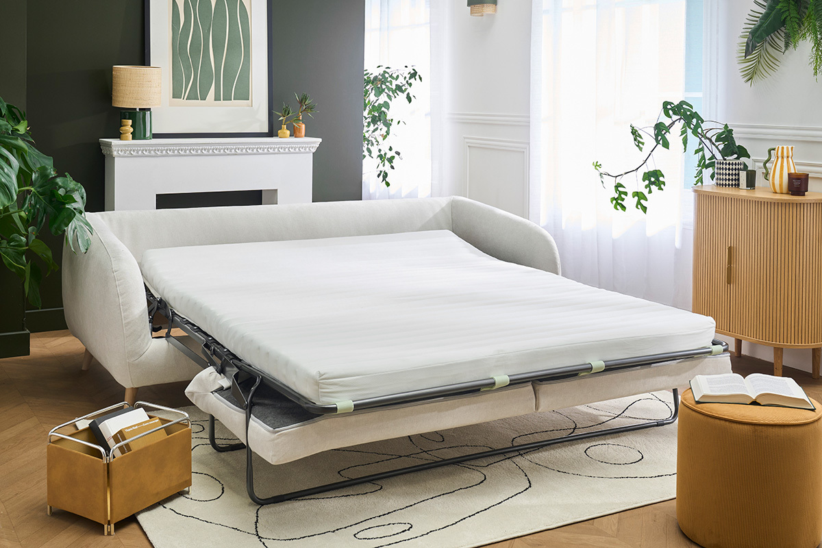Schlafsofa 3-4 Pl�tze in beige Samtoptik-Stoff mit 10 cm Matratze LEANDRE
