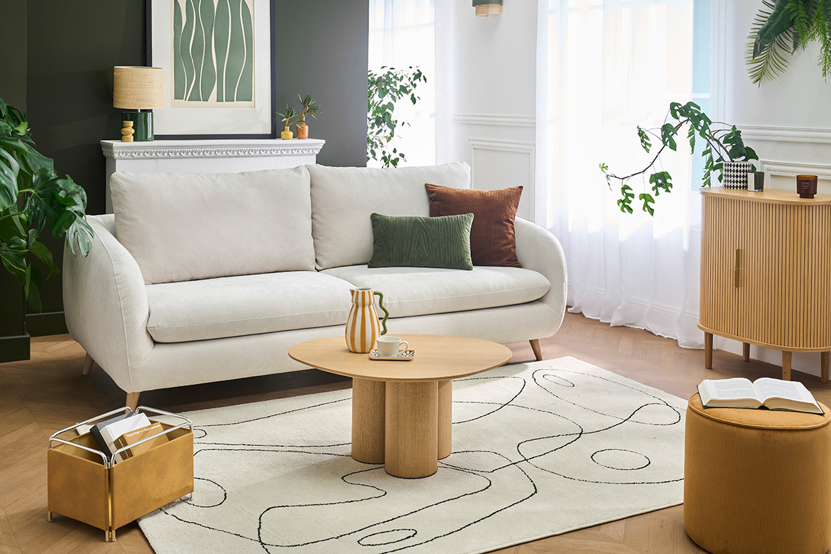 Schlafsofa 3-4 Pl�tze in beige Samtoptik-Stoff mit 10 cm Matratze LEANDRE