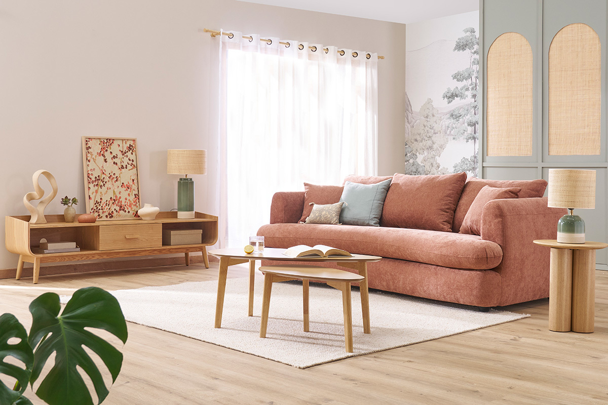 Schlafsofa 3-4 Sitzer in terracottafarbenem Stoff mit Samteffekt und abziehbarem Bezug SACHA