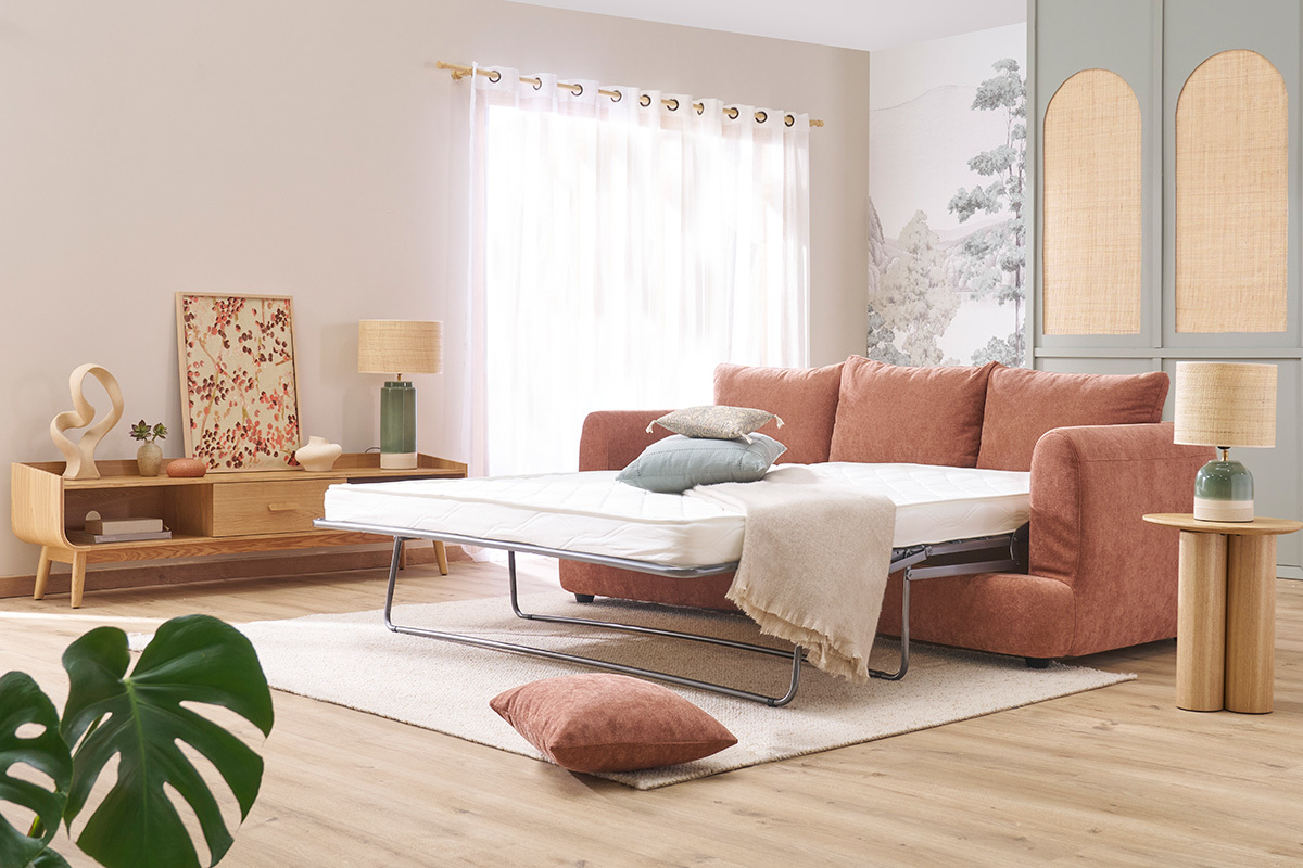 Schlafsofa 3-4 Sitzer in terracottafarbenem Stoff mit Samteffekt und abziehbarem Bezug SACHA