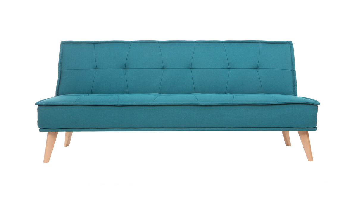 Schlafsofa 3-Sitzer aus blaugrnem Stoff und Holz SHANTI