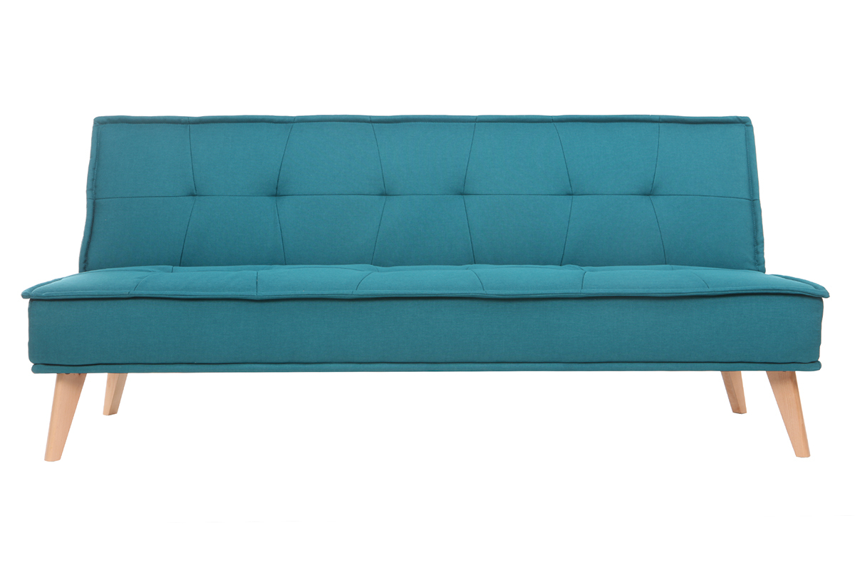 Schlafsofa 3-Sitzer aus blaugrnem Stoff und Holz SHANTI