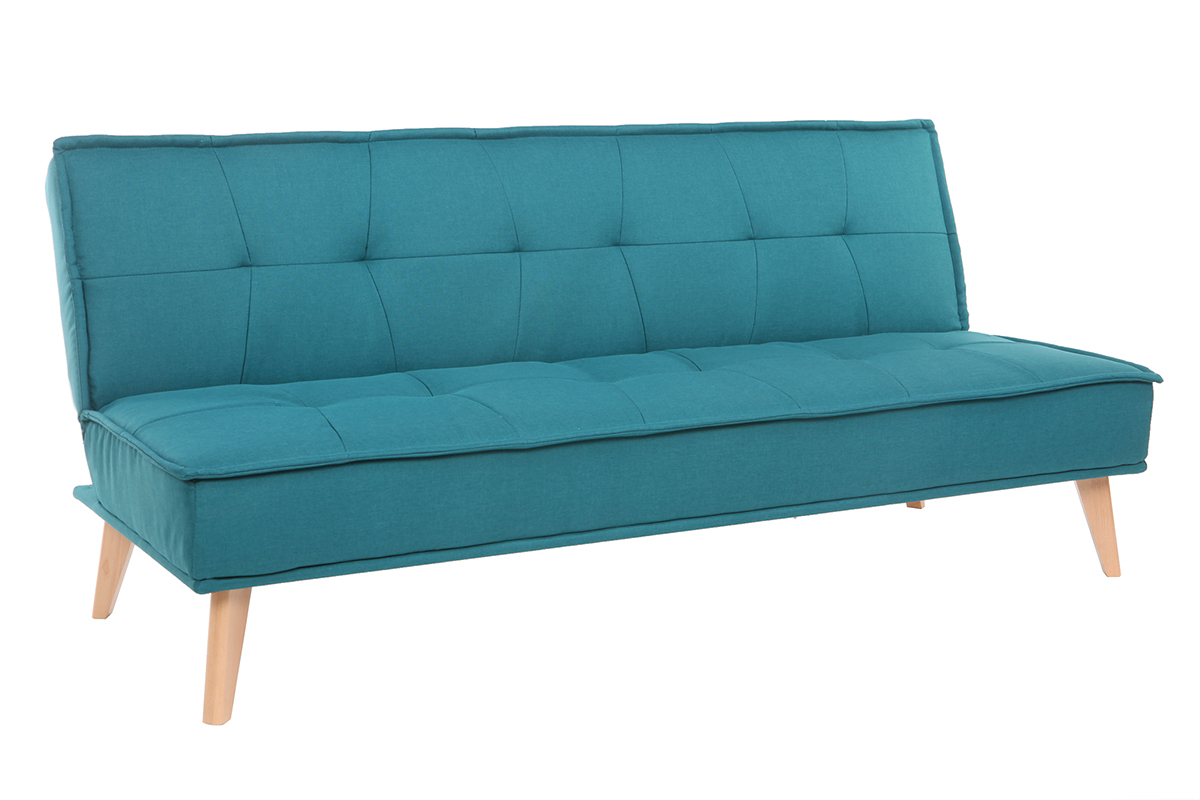 Schlafsofa 3-Sitzer aus blaugrnem Stoff und Holz SHANTI