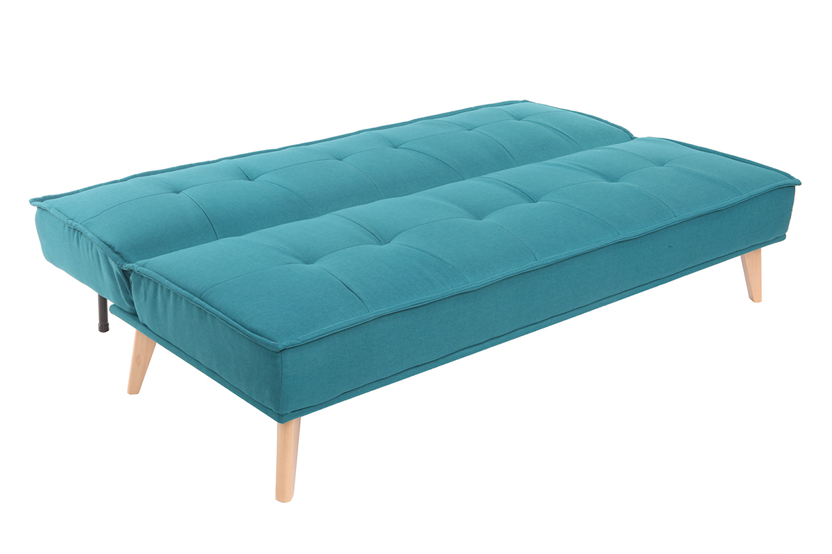 Schlafsofa 3-Sitzer aus blaugrnem Stoff und Holz SHANTI