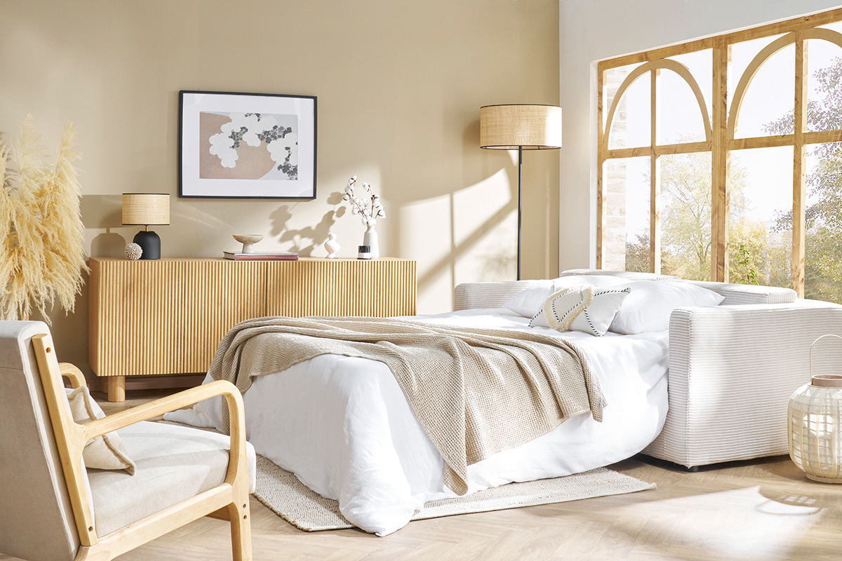 Schlafsofa 3-Sitzer in beige Cordstoff mit 13 cm Matratze BACIO
