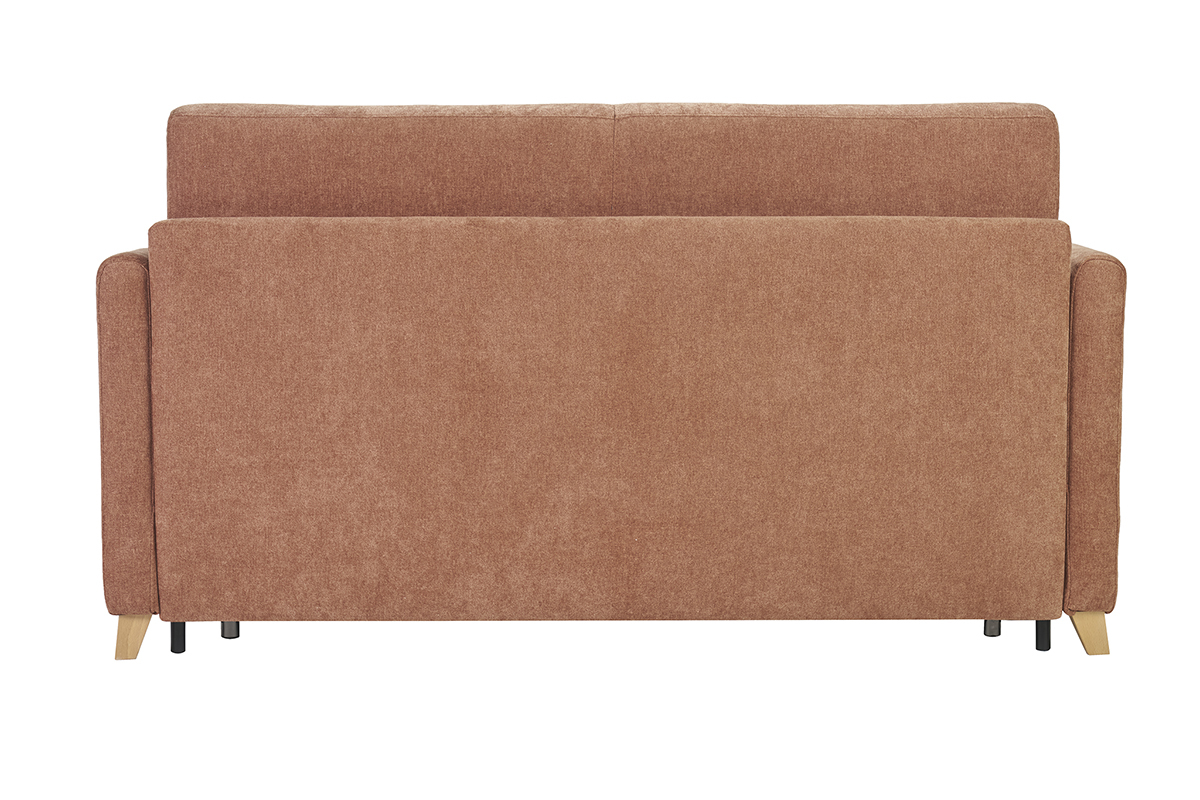 Dreisitzer-Schlafsofa, Rckansicht, Samtstoff in gedecktem Terrabraun, Fe aus hellem Holz.