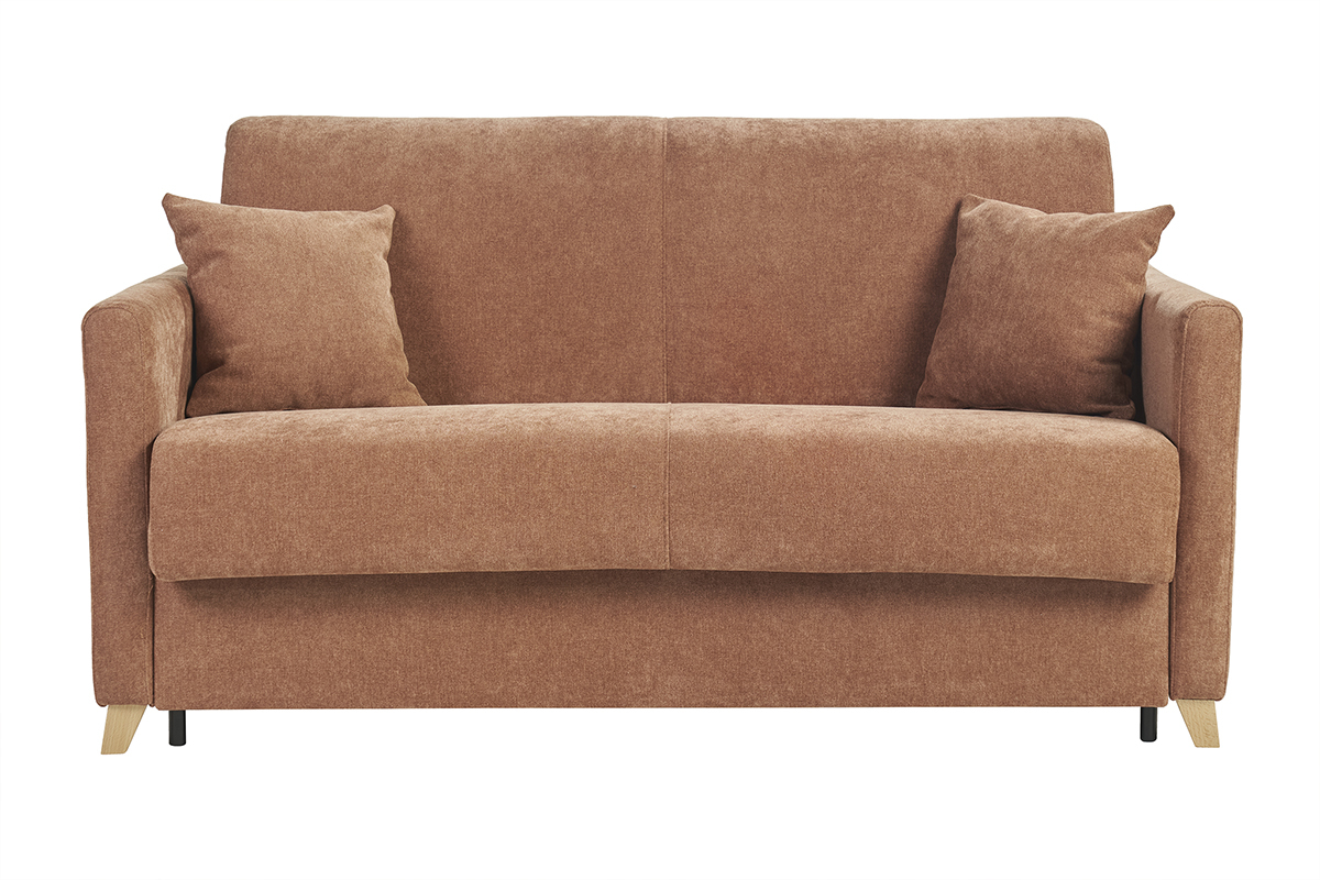 Dreisitzer-Schlafsofa aus Stoff in gebrannter Erde Farbe, Frontansicht mit Armlehnen und hellen Holzbeinen.