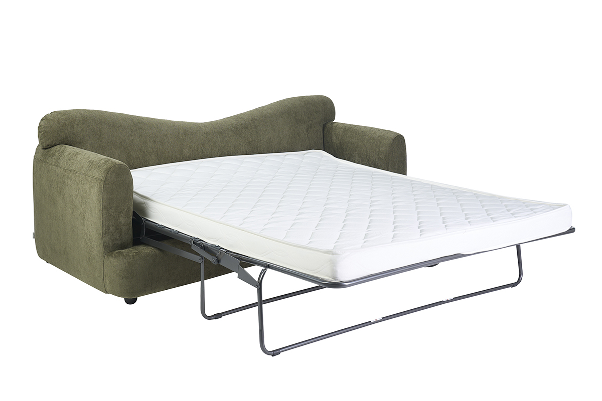 Abziehbares Schlafsofa in Khaki-Gr�n, Modell SACHA, mit ausgeklappter Matratze, 3/4-Ansicht.