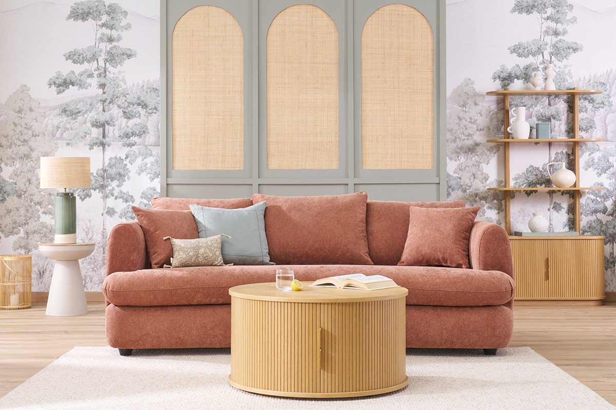 Abziehbares 3-4-Sitzer-Schlafsofa im Bohnen-Design, Frontansicht.