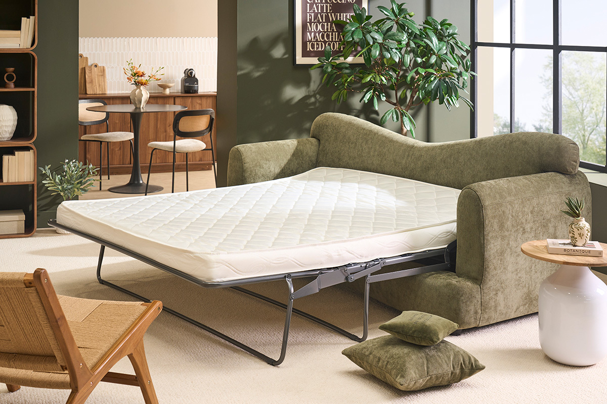 Schlafsofa abziehbar 3-4-Sitzer Design Bohnenform aus Stoff mit strukturiertem Samteffekt khaki-gr�n SACHA