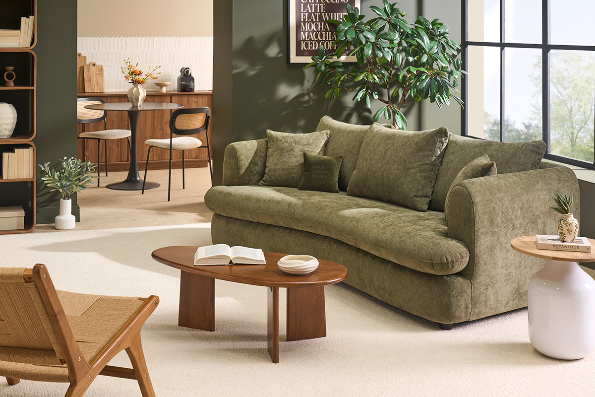 Schlafsofa abziehbar 3-4-Sitzer Design Bohnenform aus Stoff mit strukturiertem Samteffekt khaki-gr�n SACHA