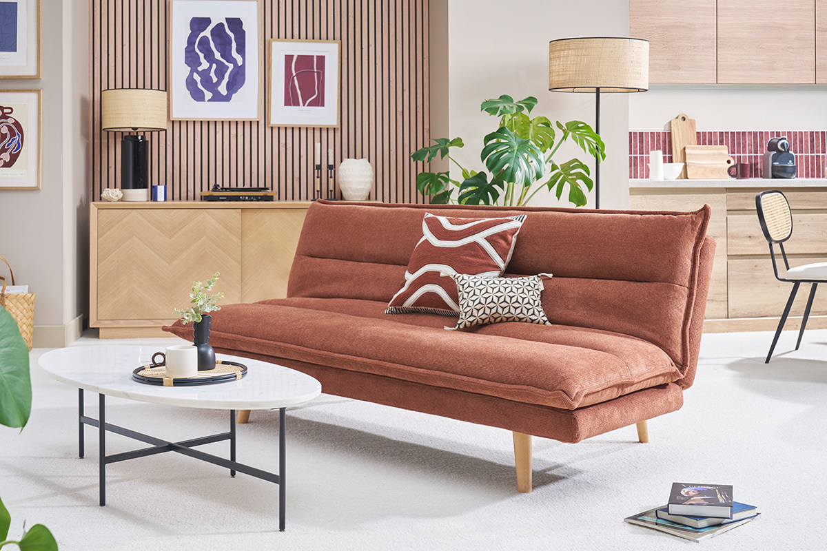 Schlafsofa f�r 3 Personen aus Stoff in verbrannter Erde Effekt und hellem Holz BINGO