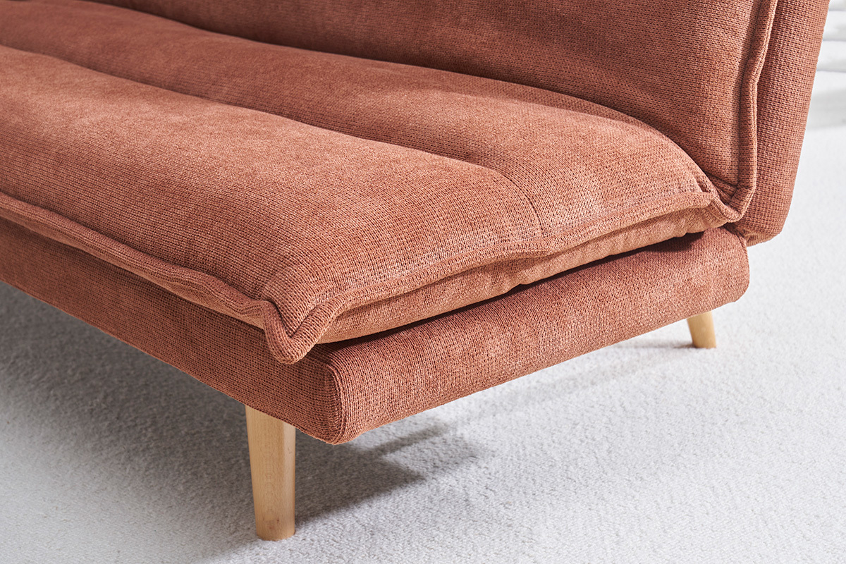 Schlafsofa f�r 3 Personen aus Stoff in verbrannter Erde Effekt und hellem Holz BINGO