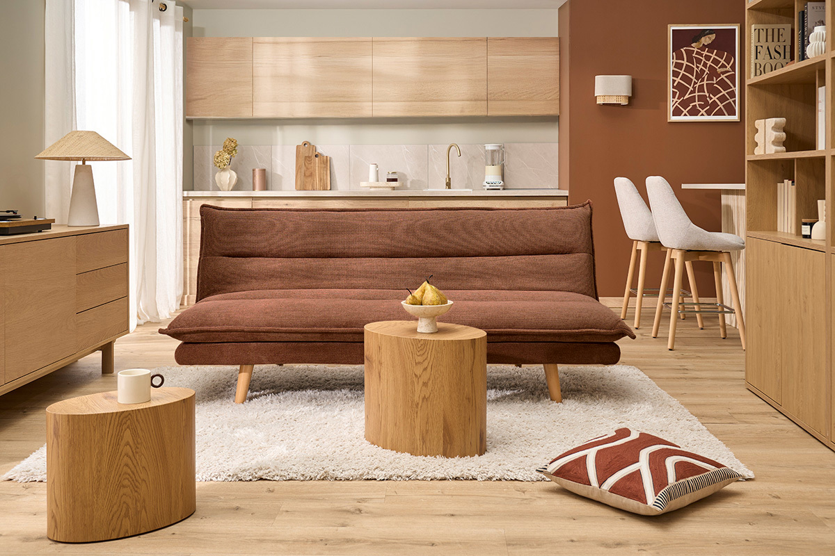 Schlafsofa f�r 3 Personen aus Stoff in verbrannter Erde Effekt und hellem Holz BINGO