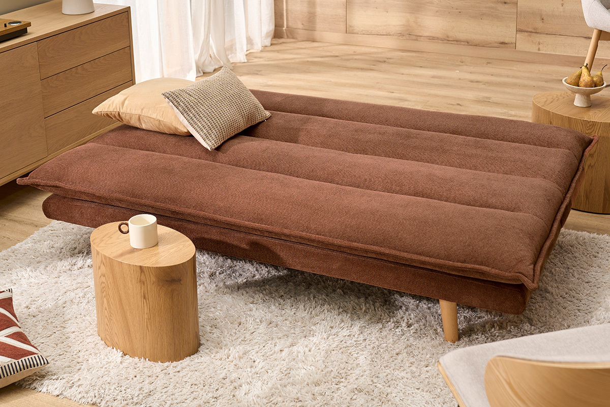 Schlafsofa f�r 3 Personen aus Stoff in verbrannter Erde Effekt und hellem Holz BINGO