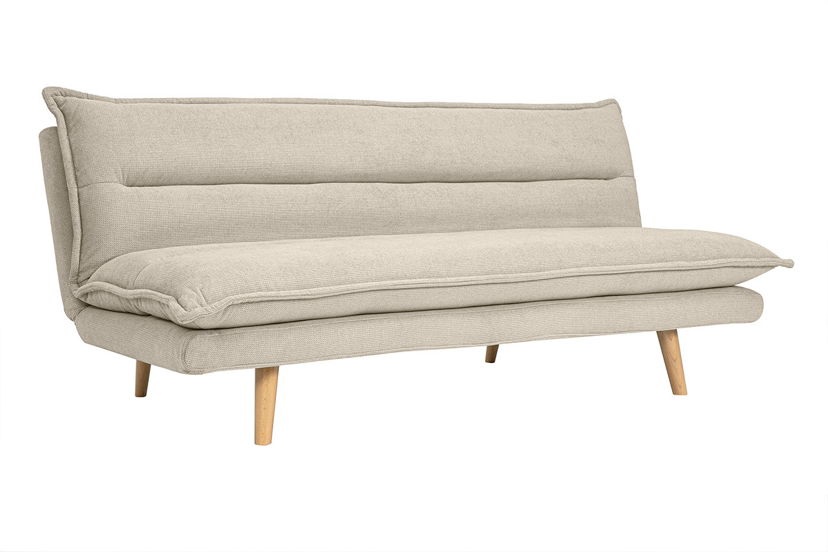 Schlafsofa fr 3 Personen in beige strukturiertem Samt-Effekt-Stoff und hellem Holz BINGO