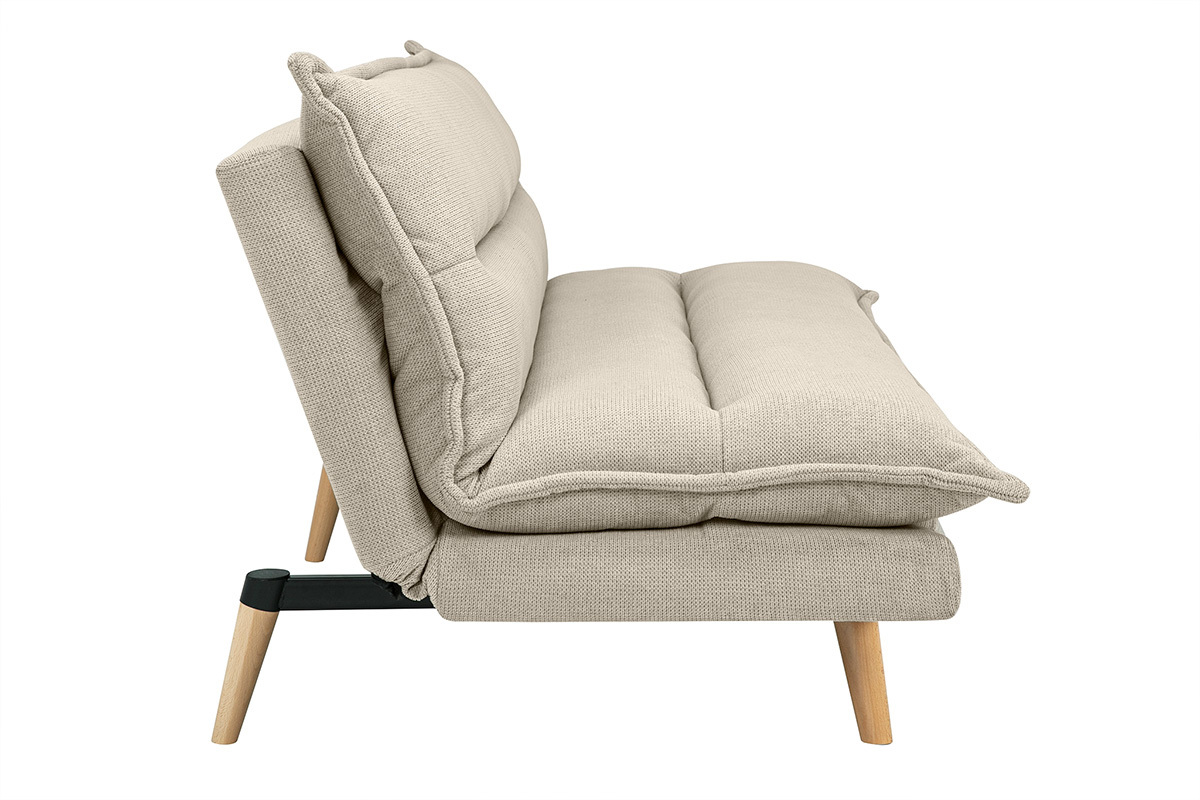 Schlafsofa fr 3 Personen in beige strukturiertem Samt-Effekt-Stoff und hellem Holz BINGO