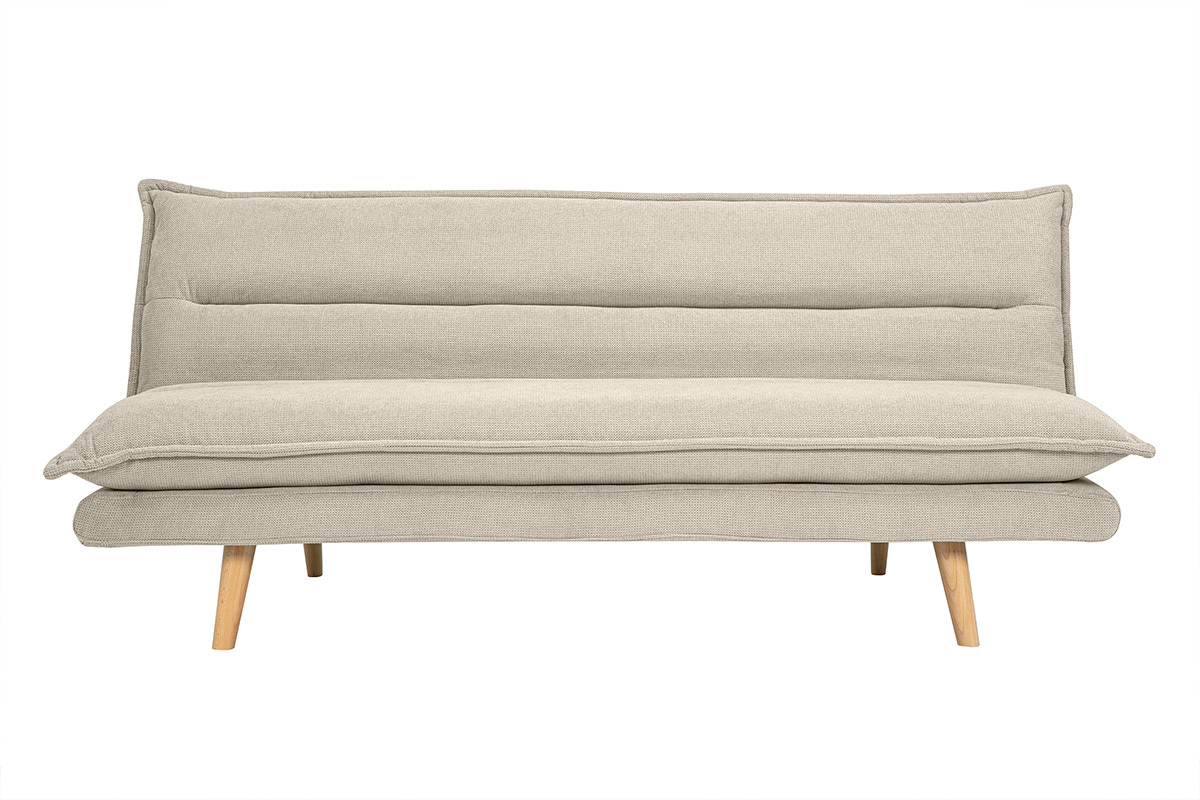 Schlafsofa fr 3 Personen in beige strukturiertem Samt-Effekt-Stoff und hellem Holz BINGO