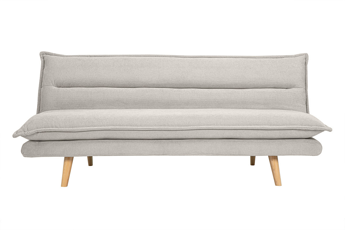 Schlafsofa fr 3 Personen in beige strukturiertem Samt-Effekt-Stoff und hellem Holz BINGO