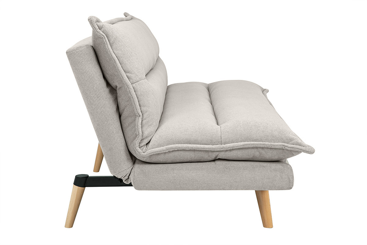 Schlafsofa fr 3 Personen in beige strukturiertem Samt-Effekt-Stoff und hellem Holz BINGO