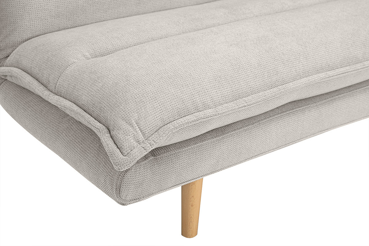 Schlafsofa fr 3 Personen in beige strukturiertem Samt-Effekt-Stoff und hellem Holz BINGO