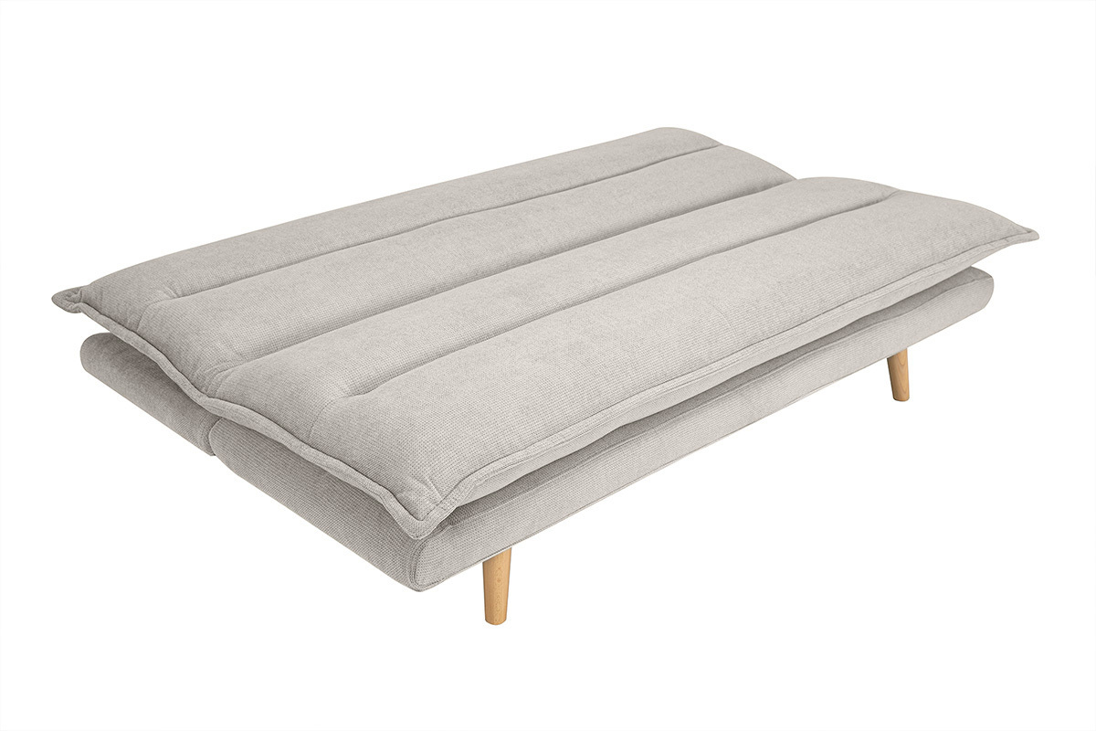 Schlafsofa fr 3 Personen in beige strukturiertem Samt-Effekt-Stoff und hellem Holz BINGO