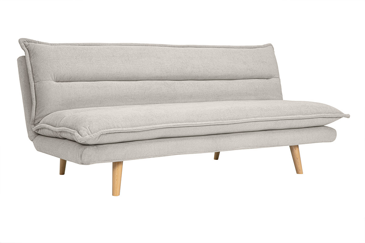 Schlafsofa fr 3 Personen in beige strukturiertem Samt-Effekt-Stoff und hellem Holz BINGO