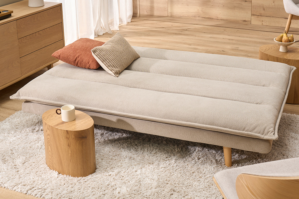 Schlafsofa f�r 3 Personen in beige strukturiertem Samt-Effekt-Stoff und hellem Holz BINGO