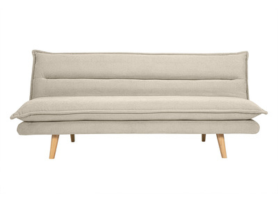 Schlafsofa für 3 Personen in beige strukturiertem Samt-Effekt-Stoff und hellem Holz BINGO